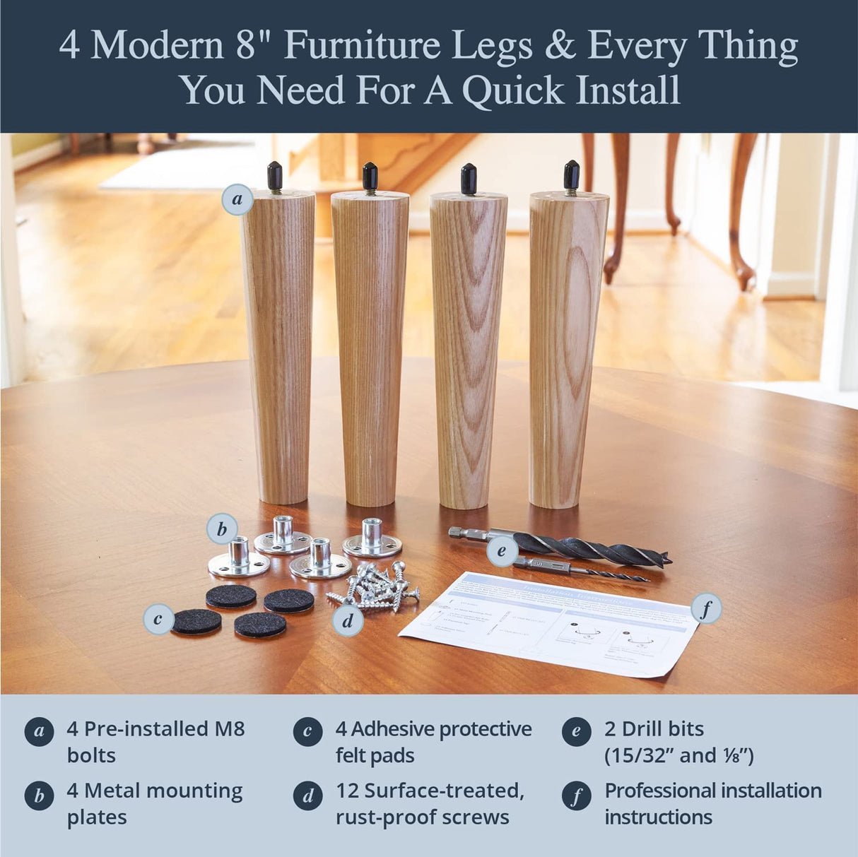 Ash Wood Furniture Legs - Premium Mid Century Legs for Sofa, Chair, Table, Dresser, Bed, Cabinet, Ottoman - Our Wooden Legs Are Easy To Install & Include Installation Hardware - Set of 4, 8 Inches Airy Abode