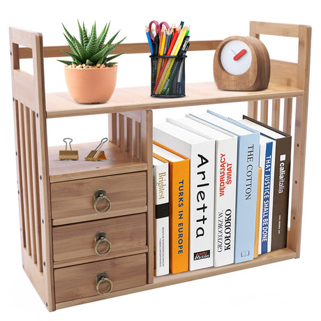 Bamboo Desktop Bookshelf with 3 Drawers – Organiser for Office and Home WINNIESHOP