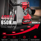 Revvstark Impact Wrench, Max Torque 480 Ft-lbs / 650N.m Cordless 1/2 Impact Driver, 20V 3000RPM Power Impact Gun with 4.0Ah Li-ion Battery and 1.5H Fast Charger, 5 Pcs Impact Sockets Included Revvstark