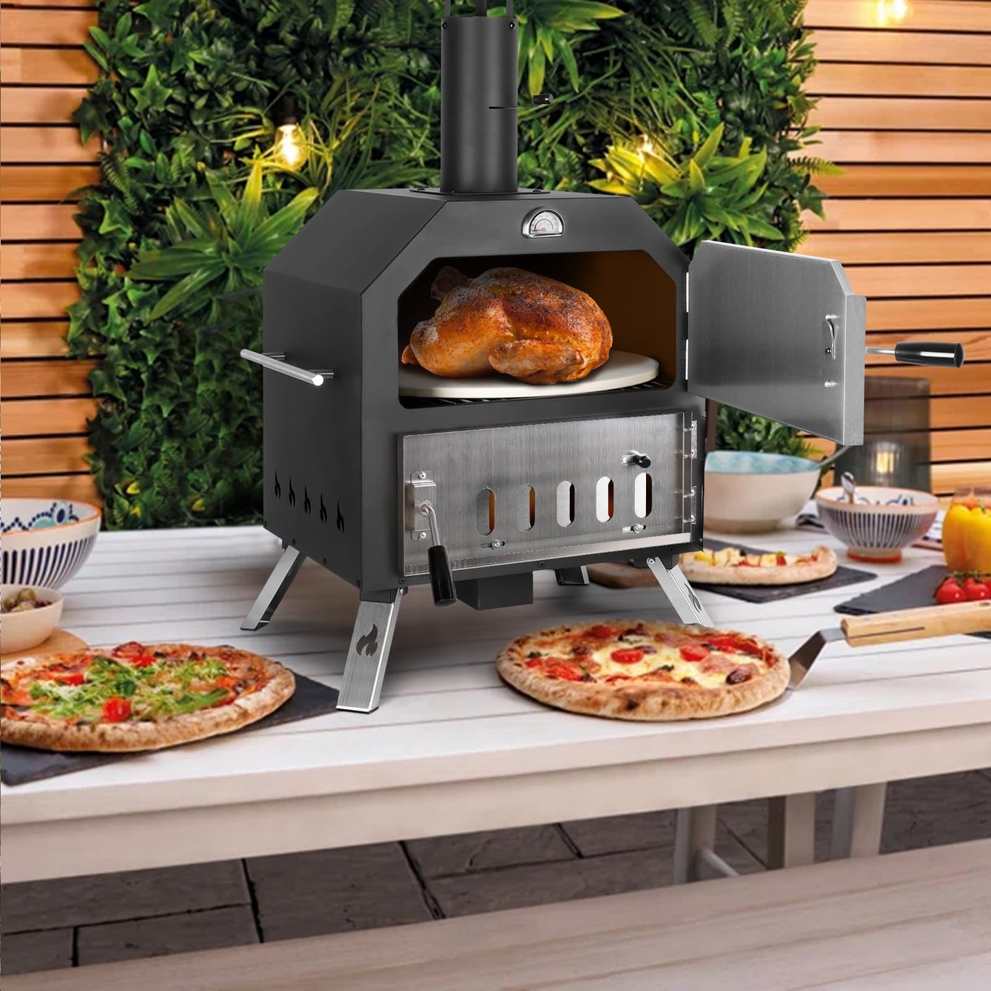 12’’ Outdoor Pizza Oven Wood Fired Pizza Oven Portable Patio Ovens Included Pizza Stone, Pizza Peel, Fold-up Legs, Cover Cooking Rack for Camping Backyard BBQ