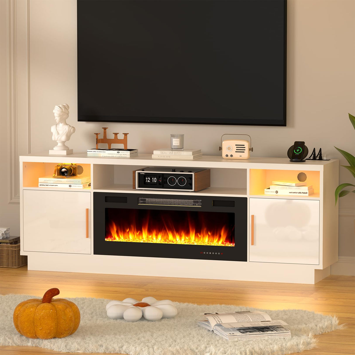 BREEZEHEAT Electric Fireplace TV Stand-Led Entertainment Center-70 inch TV Stand with 36" Electric Fireplace-Living Room Tv Cabinet with Storage for TVs Up to 80"，Modern Media Console (White) BREEZEHEAT