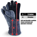 932℉ Grill BBQ Gloves 16-inch Heat Resistant Leather Forge Welding Glove with Flame Retardant Long Sleeve and Insulated Lining for Men and Women Black-Gray OZERO