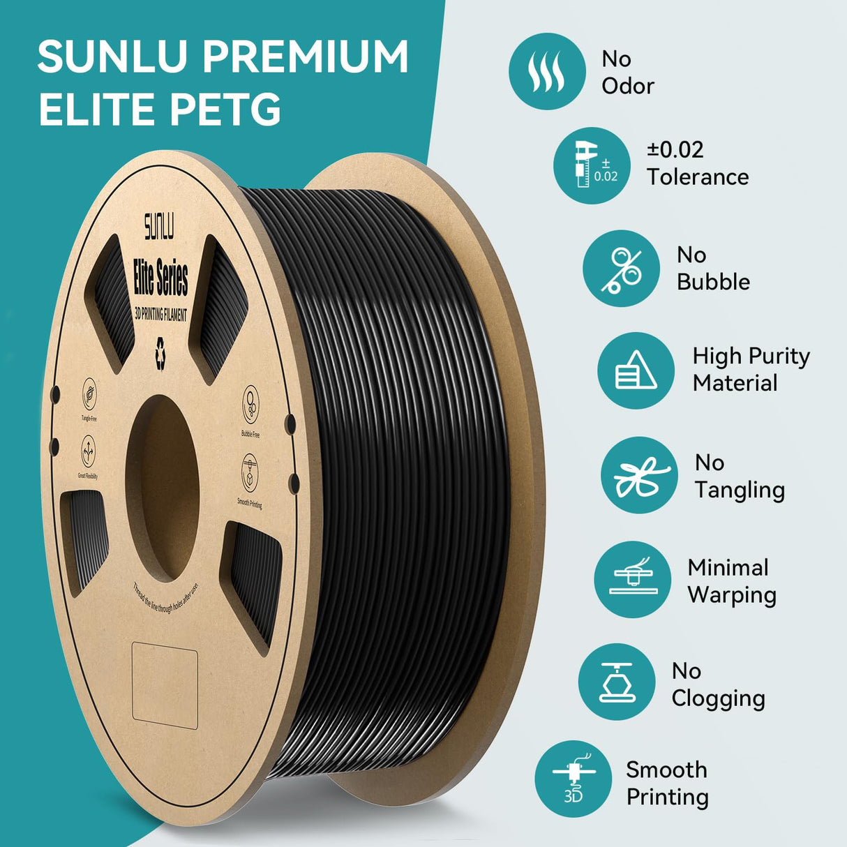 SUNLU Official Elite PETG Filament 1.75mm - 1kg(2.2lbs) Strong 3D Printer Filament, 1.75mm Dimensional Accuracy +/- 0.02mm, 320 Meters, Black YOOPAI