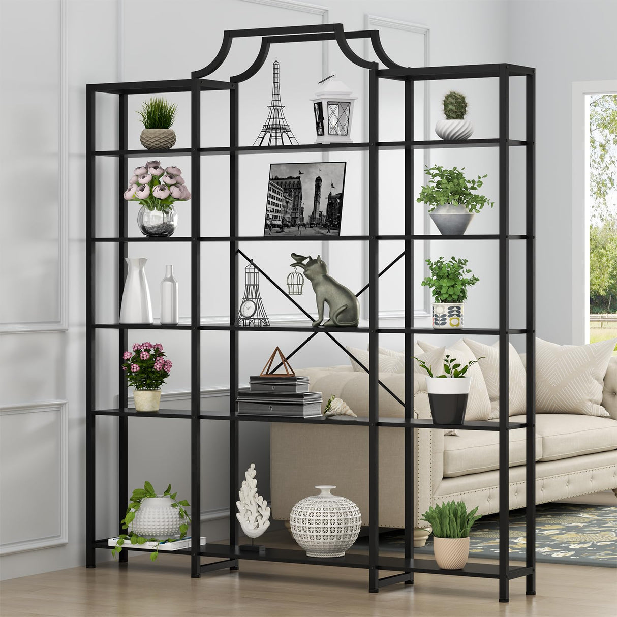 Auromie Triple Wide 5-Tier Bookshelf, 70.87" L x 79.13" H Extra Large Bookcase, Tall Open Etagere Display Shelf with Metal Frame, Freestanding Modern Storage Shelves for Home Office (Black) Auromie