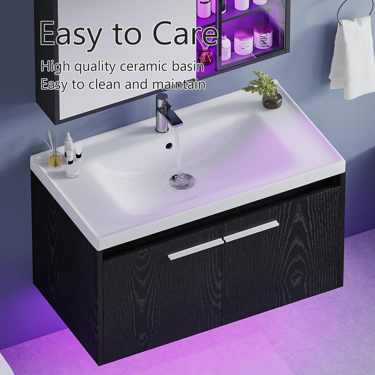4ever2buy 31" Black Bathroom Vanity with Sink, Floating Bathroom Sink Cabinet with LED Light, Modern Clearance Bathroom Vanities with 2 Doors & Metal Handles 4ever2buy