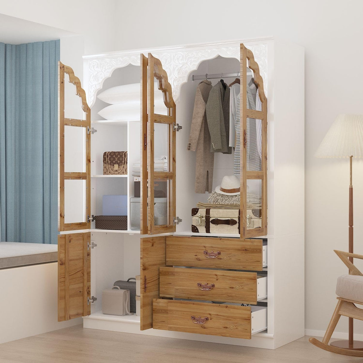 FAMAPY Farmhouse 4 Door Wardrobe with Glass Doors & Storage Cabinet, Armoire Wardrobe Closet with Hanging Rod & 3 Drawers, Art Decor Armoire Closet White and Oak (57.5”W x 20.3”D x 75.7”H) FAMAPY