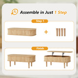 Fluted Lift Top Coffee Table with Hidden Compartment, Fully Assembled Wooden Center Table, Modern Oval Lift Tabletop for Home Living Room Office, Natural ORRD