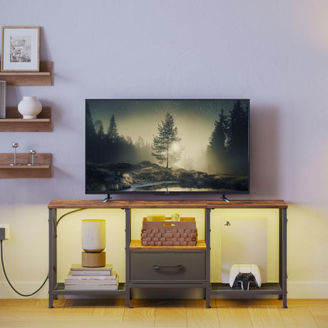 JARHETUN LED TV Stand with Fabric Drawer, Entertainment Center for 50 55 Inch TV, Industrial TV Console Table with Open Storage Shelves for Living Room, Bedroom, Rustic Brown JARHETUN