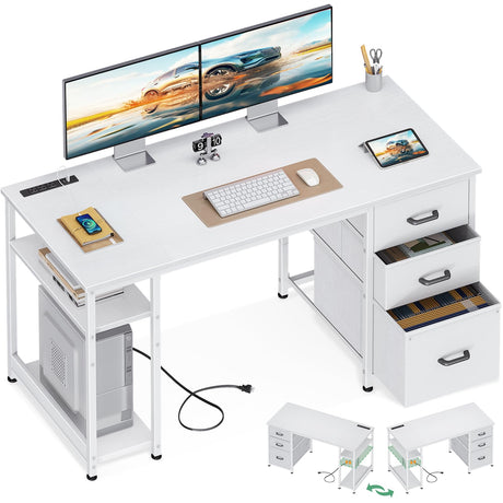 AODK 51 Inch Computer Desk with Fabric Drawers & USB Power Outlets- Reversible Home Office Desk with Storage Shelves, Work from Home, Modern Work/Writing/Study Table for Bedroom, White AODK