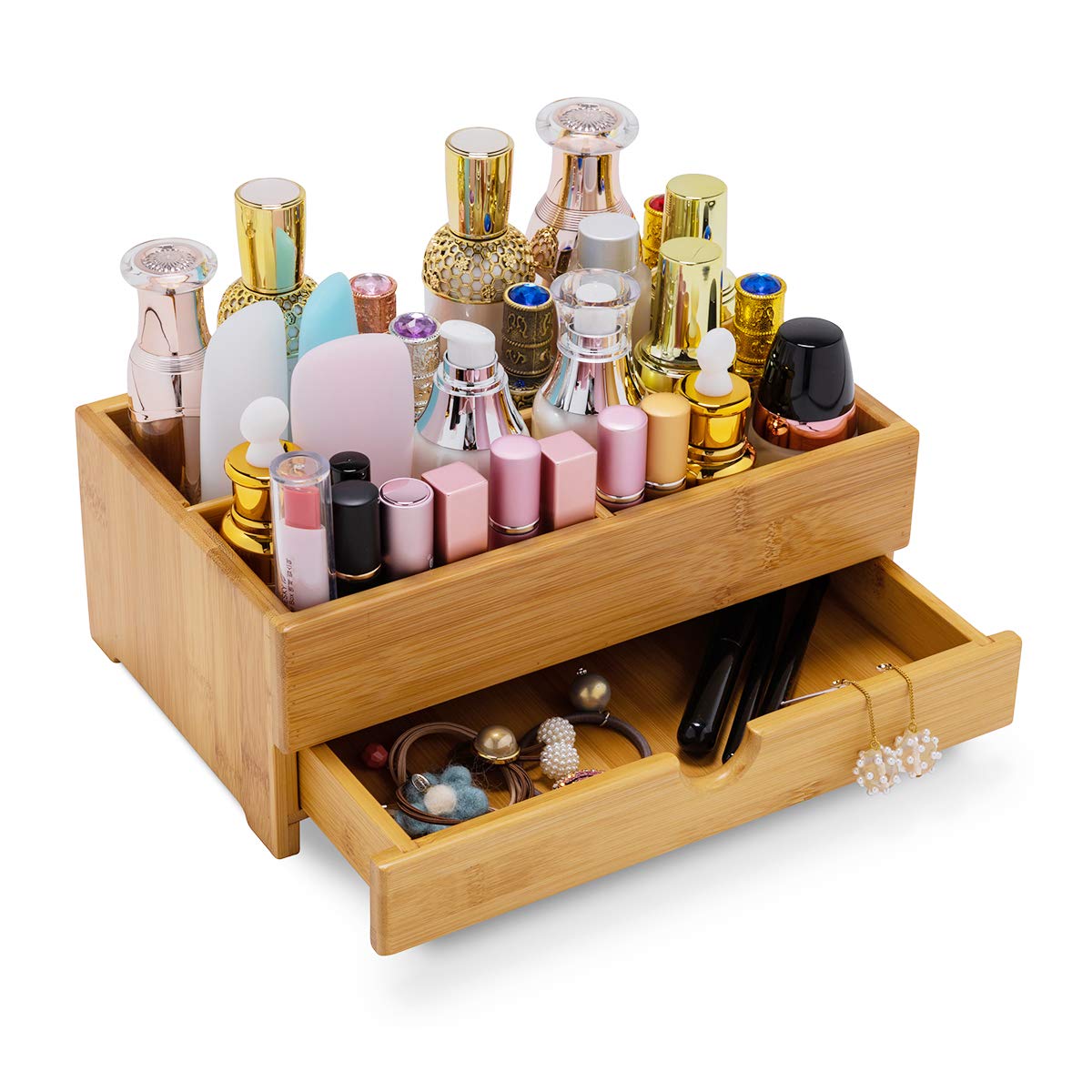 GOBAM Bamboo Makeup Organizer and Storage with Drawer, Wooden Cosmetic Organizer Countertop for Bathroom, Bedroom, Kitchen & Dresser, Desk Organizer with Drawers and Make up Vanity Station - Medium GOBAM