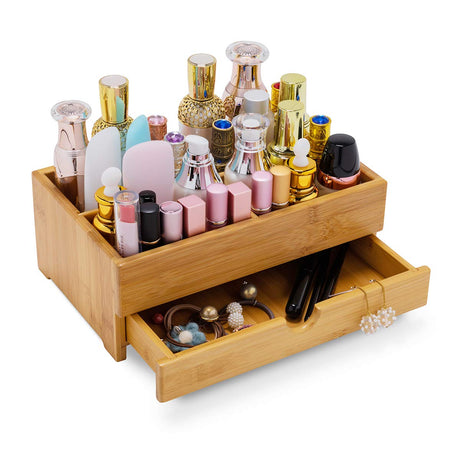 GOBAM Bamboo Makeup Organizer and Storage with Drawer, Wooden Cosmetic Organizer Countertop for Bathroom, Bedroom, Kitchen & Dresser, Desk Organizer with Drawers and Make up Vanity Station - Medium GOBAM