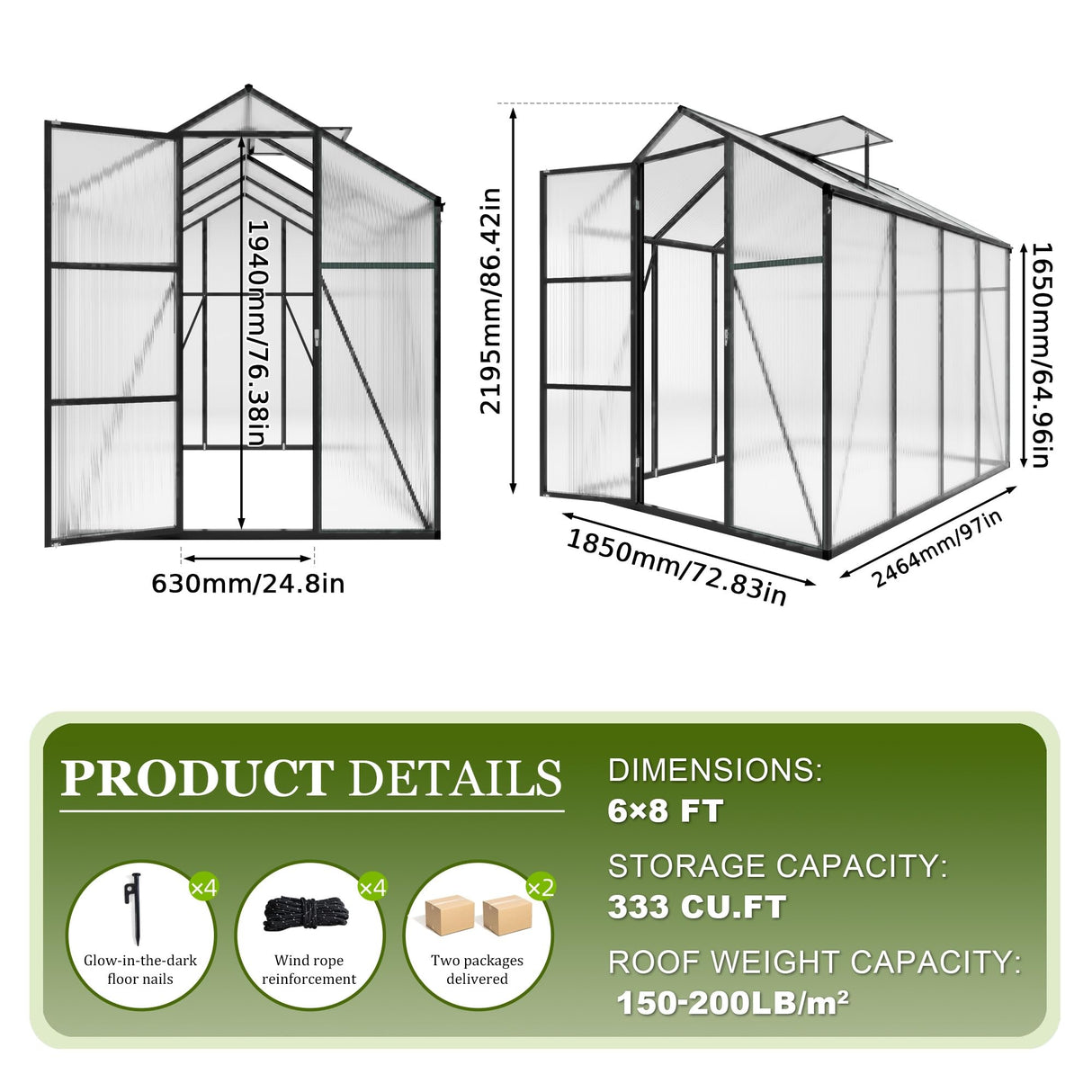 Vigo huseeo 7.2FT High 6*8.2FT Greenhouse for Outdoors,Polycarbonate Greenhouse with Stronger Wind Protection and Roof Vent,Walk-in Large Aluminum Sunroom Winter Proof,Black Vigo huseeo