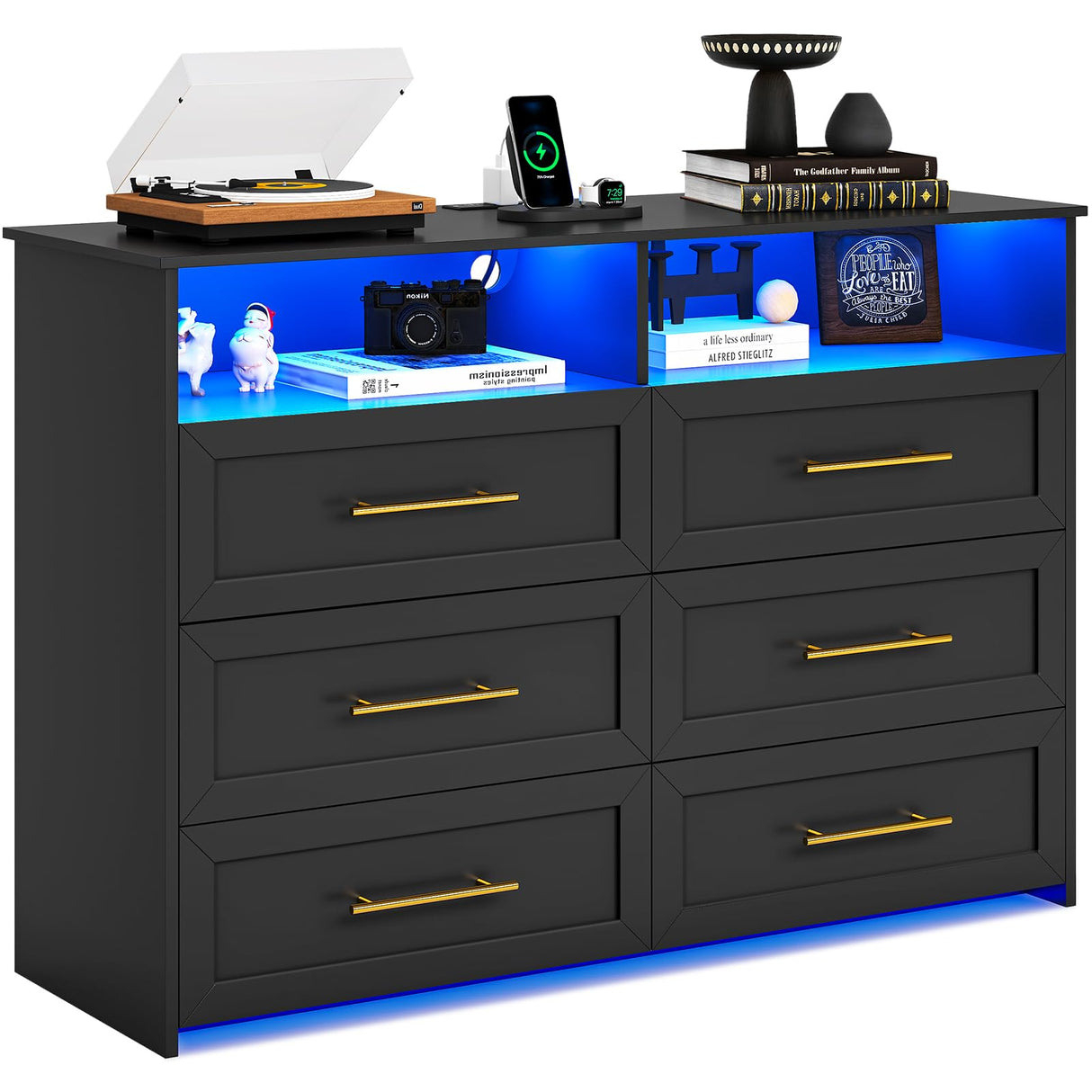 VIAGDO 6 Drawer Dresser with LED Lights and Charging Station, Black Bedroom Dresser with Open Storage, Modern Wood Chest of 6 Drawers Closet Organizers Storage Cabinet for Bedroom VIAGDO