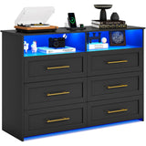 VIAGDO 6 Drawer Dresser with LED Lights and Charging Station, Black Bedroom Dresser with Open Storage, Modern Wood Chest of 6 Drawers Closet Organizers Storage Cabinet for Bedroom VIAGDO