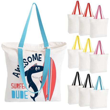 OLSUNOR 10 Pack Canvas Tote Bag with Zipper, Reusable Grocery Bags with Long Handle, DIY Heat Transfer Sublimation Blanks Shopping Bags for Advertising, Birthday, Halloween, Christmas Craft Bags OLSUNOR