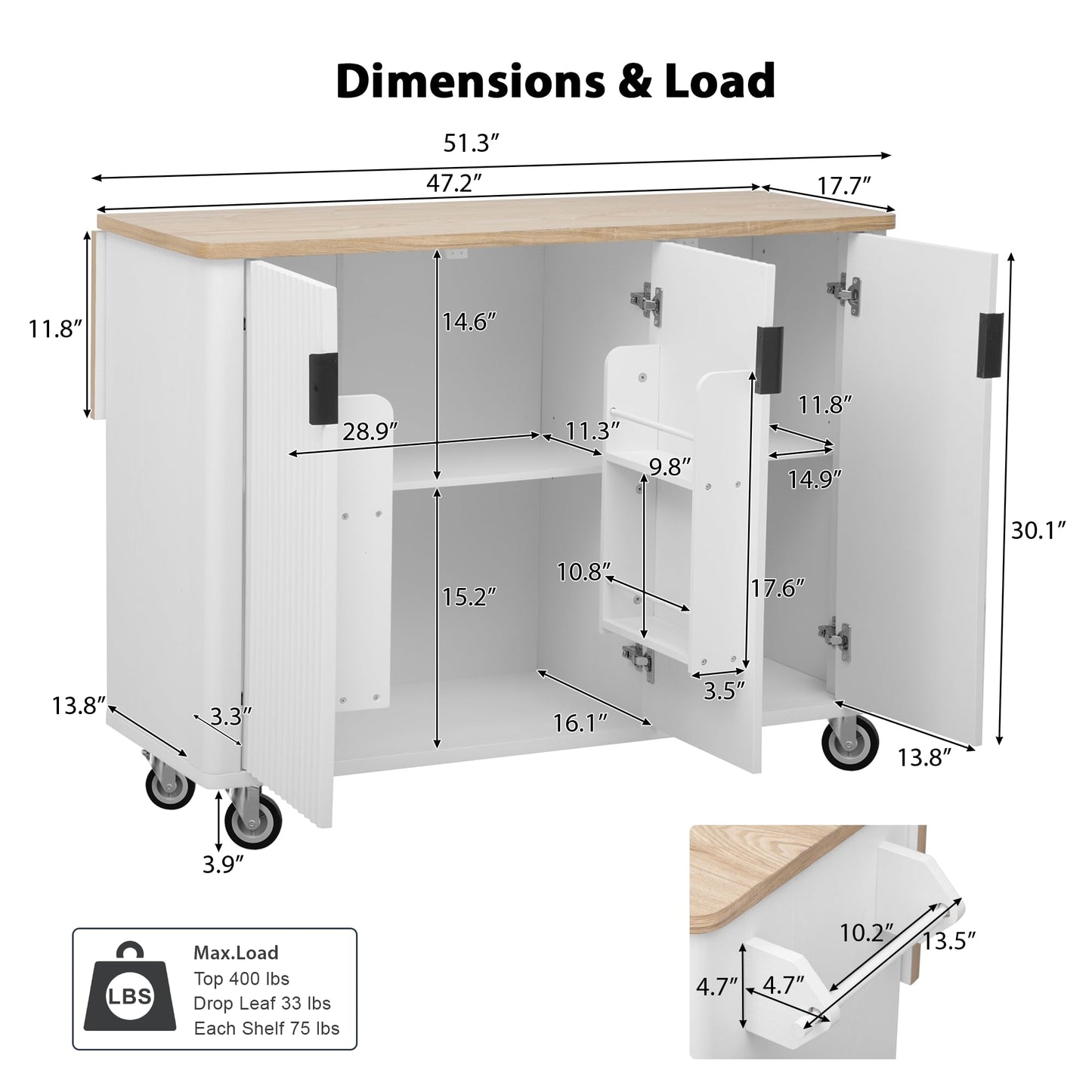 Yayzy 51”W Farmhouse Rolling Kitchen Island with Drop-Leaf Table, Grooved Panel Design, Kitchen Island Cart with Storage Shelves, Towel Rack & Wheels, White Ash