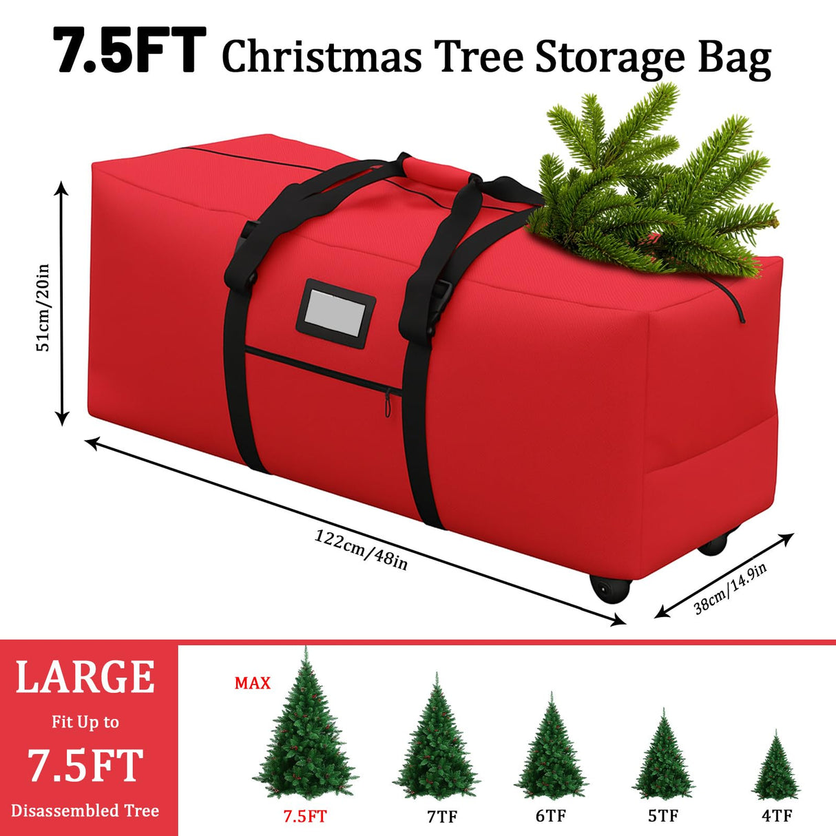 7.5 ft Christmas Tree Storage Bag, Heavy Duty Rolling Xmas Tree Bag with Reinforced Handles and Wheels, Large Storage Container for Trees and Decorations, Red GHYKL