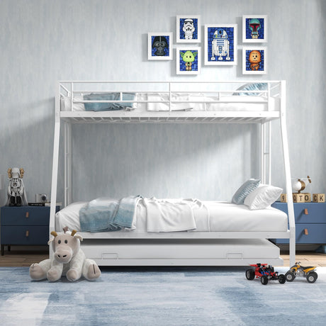 KOMFOTT Twin Over Full Bunk Bed with Trundle, Heavy-Duty Metal Bunk Bed Frame with Guardrail & 2 Ladders, Space-Saving Bunk Bed for Kids/Teens/Adults, No Box Spring Needed KOMFOTT