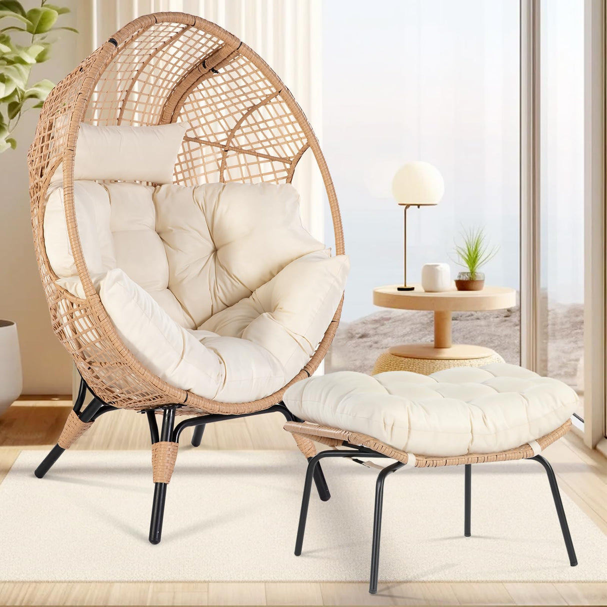 NICESOUL® Indoor Outdoor Stationary Wicker Egg Chair Oversized Thick Cushions Egg Seat with Ottoman, 440lbs Egg Basket Lounge Chair with Footrest, Boho Chair for Patio Balcony Bedroom Beige NICESOUL