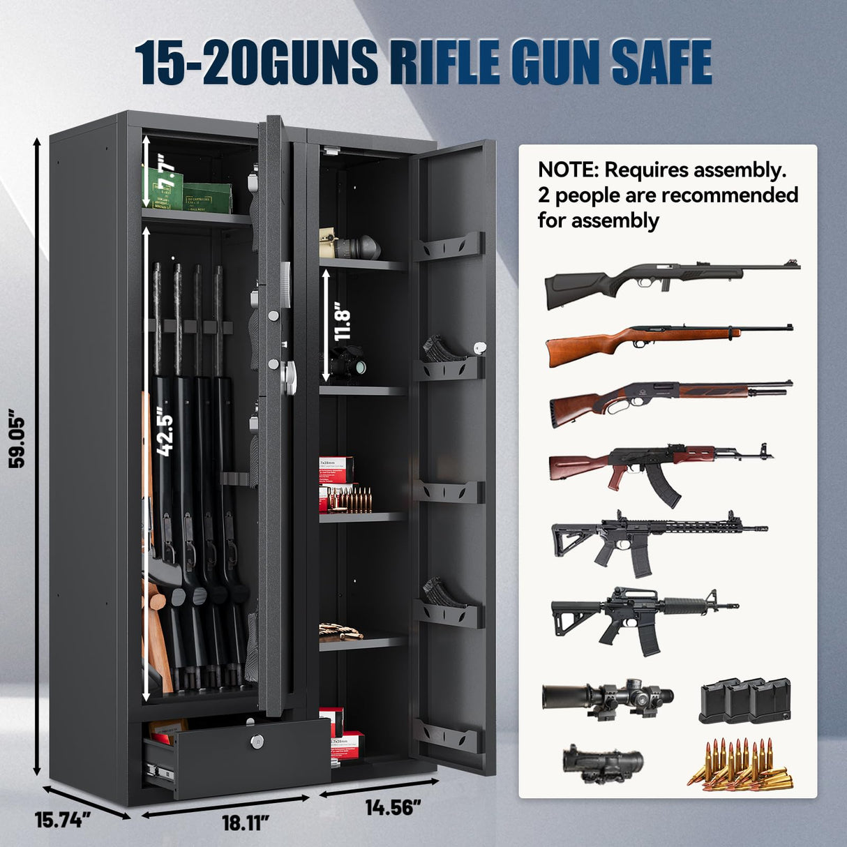 KAER 15-20 Gun Safes for Home Rifle and Pistols,Gun Safe,Rifle Safe,Large Gun Safes for Home and Shotgun,Rifle Gun Safe with Digital Keypad,Drawer,Removable Shelf (Unassembled) KAER