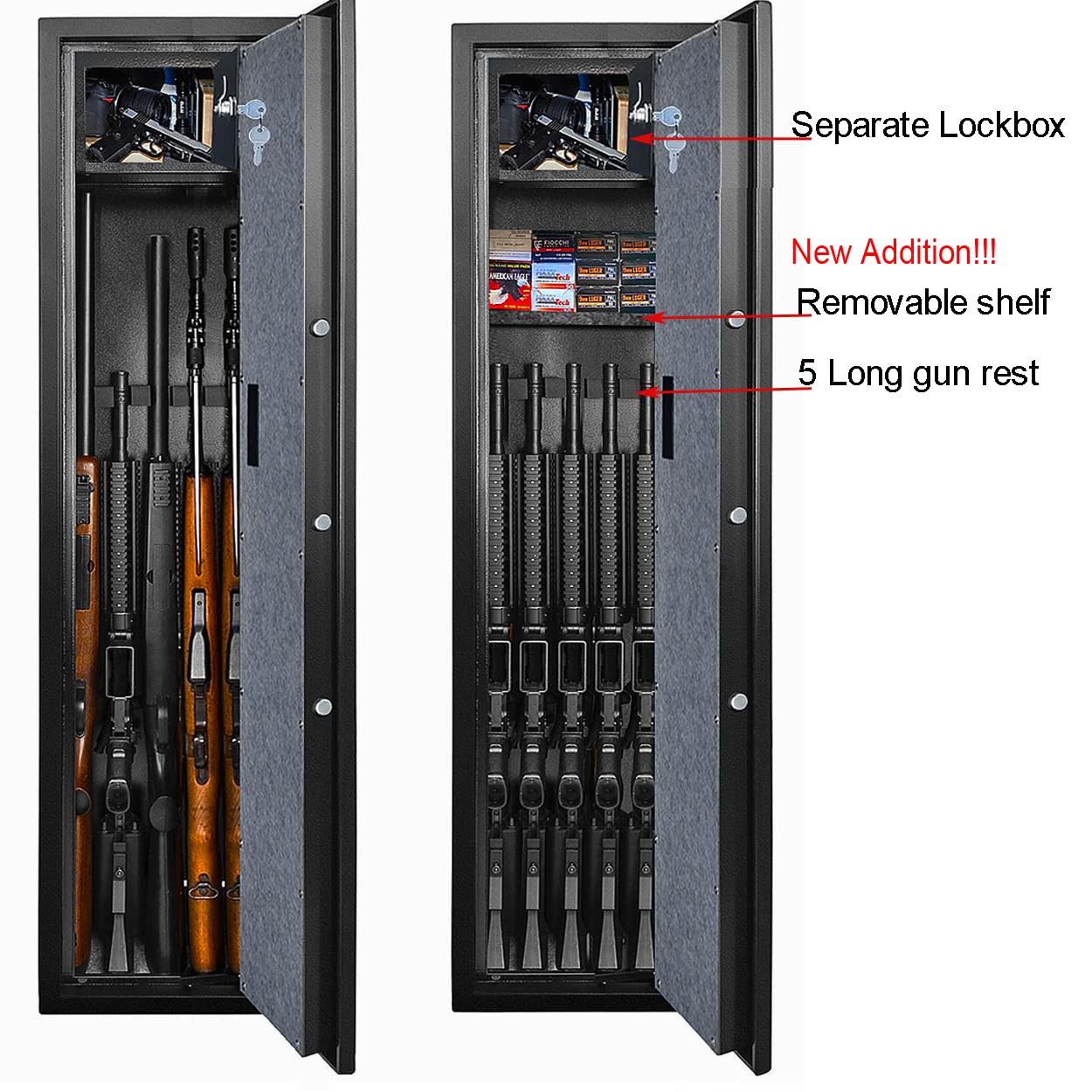 Rifle Gun Safe, Quick Access Long Gun Safe, 5-6 Gun Metal Rifle Gun Security Cabinet for Rifle with/Without Scope with Separate Handgun Rest, Lockbox and Removable Shelf - WoodArtSupply