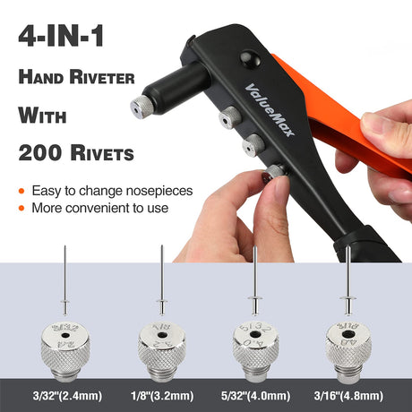 ValueMax 4-in-1 Hand Riveter/Rivet Gun, Pop Rivet Tool Kit with 200 Rivets - 3/32-inch, 1/8-inch, 5/32-inch, 3/16-inch, 4 Interchangeable Nosepieces, Suitable for Metal ValueMax