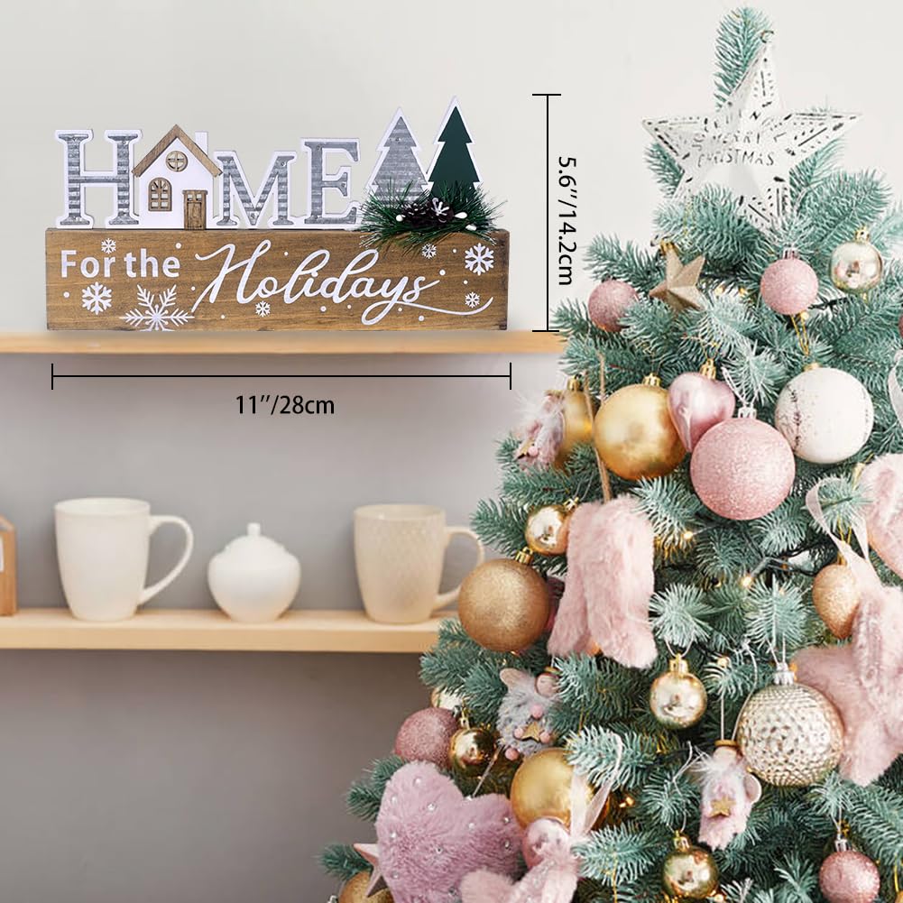 Wooden Christmas Sign Blocks, HOME for the Holiday Quote Christmas Table Decor, Xmas Centerpiece Block Sign with Snowflake & Pine Tree, Christmas Decoration for Office Desk Mantle (BROWN) Ovootok