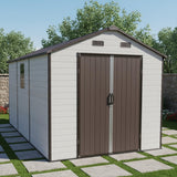 FammyLoft 8x14 FT Resin Storage Sheds Outdoor with Floor Included, Plastic Sheds & Outdoor Storage Clearance with 2 Windows and Lockable Door, Backyard Storage Sheds for Garden Tools, Brown+White FammyLoft