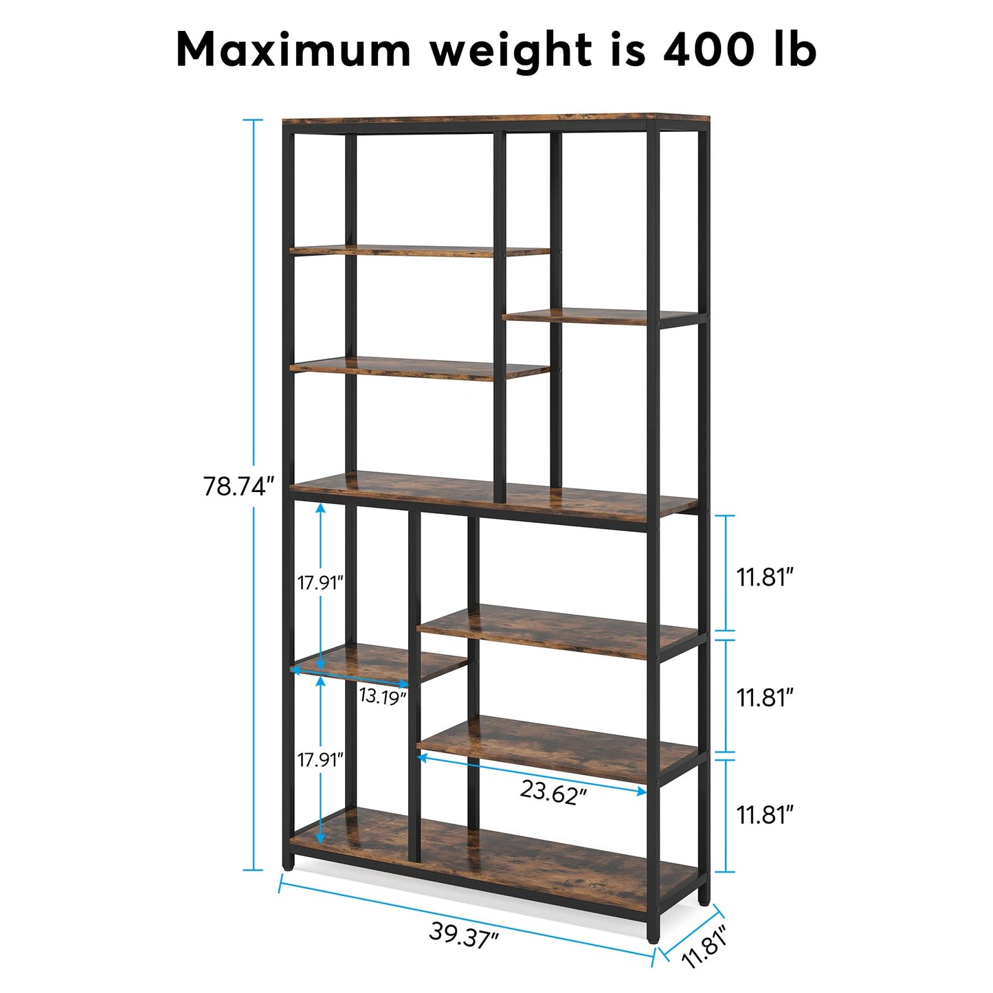 Tribesigns 79-Inch Tall Staggered 8-Tier Bookshelf in Black & Rustic Finish - WoodArtSupply