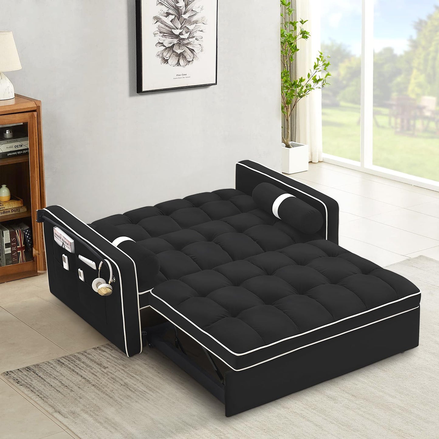 3 in 1 Convertible Sleeper Sofa,55.5" Velvet Tufted Pull Out Couch Bed,Loveseat Futon Sofa Chaise Lounge with Adjustable Backrest&Phone Holder for Living Room,Office,Apartment,Small Space(Black)