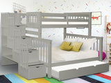 Bedz King Stairway Bunk Beds Twin over Full with 4 Drawers in the Steps and a Twin Trundle, Gray Bedz King