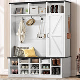 4ever2buy 79 Inch Hall Tree with Bench and Shoe Storage, Farmhouse Hall Tree with Coat Rack, White Entryway Bench with Barn Door and Adjustable Shoe Cubbies, Mudroom Hall Tree with 3-Tier Cabinet 4ever2buy