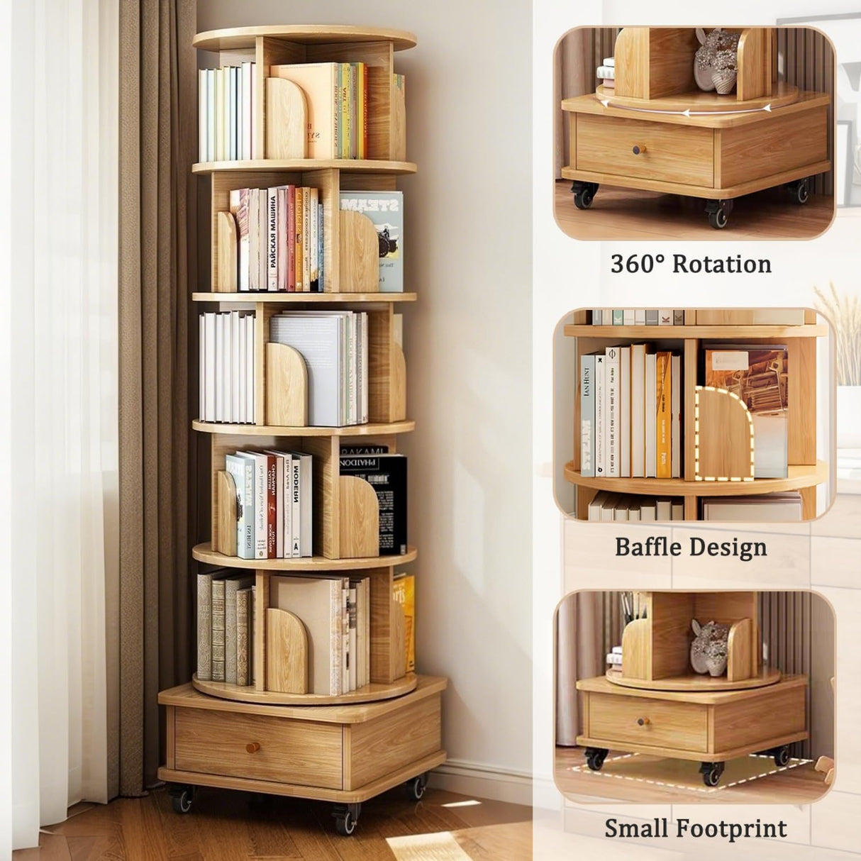 anwickjeff 6 Tier Rotating Bookshelf Tower, 360°Round Spinning Bookshelf with Drawers and Wheels, Small White Rotating Bookcase for Bedroom,Living Room,Office (Oak, 6 Tier) anwickjeff