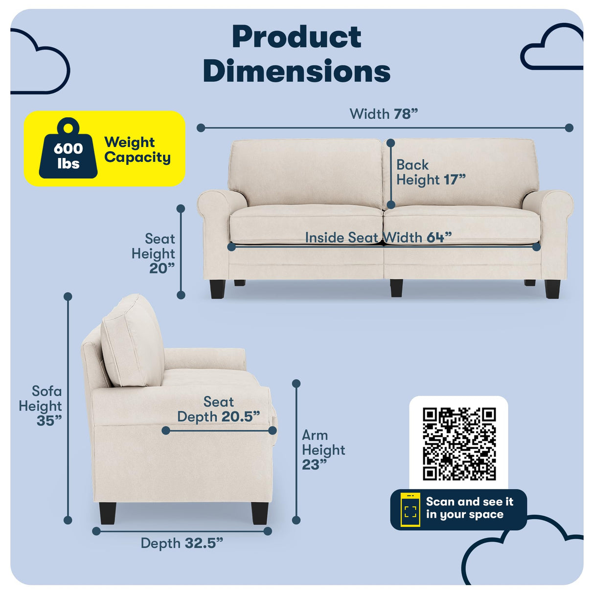 Serta Copenhagen 78" Rolled Arm Sofa, Easy Care Polyester, Soft Pillow Back, Pocket Coil Seat Cushions, Removable Covers, Loveseat or Couch for Small Spaces, Living Rooms or Bedrooms, Cream White Serta