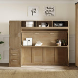 MERITLINE Full Horizontal Murphy Bed with 1 Wardrobe, 3 Drawers and 3 Open Shelves,Antique Wood Folding Murphy Wall Bed Cabinet MERITLINE