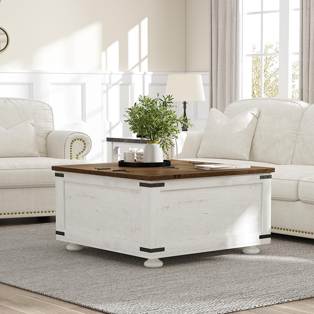 MaverickFurni Farmhouse Coffee Table with Storage, White Square Center Table with Hidden Storage Organizer for Living Room, Center Table with Hinged Flip-Top Lids MaverickFurni