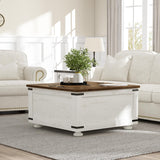 MaverickFurni Farmhouse Coffee Table with Storage, White Square Center Table with Hidden Storage Organizer for Living Room, Center Table with Hinged Flip-Top Lids MaverickFurni