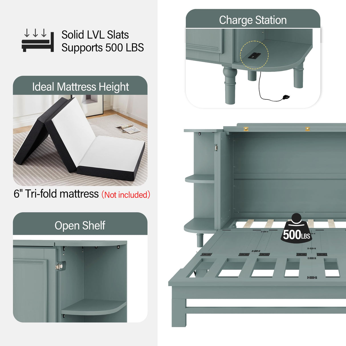 VilroCaz Farmhouse Queen Size Murphy Bed Chest Cube Cabinet Bed with Charging Station and 2 Open Shelves, Solid Wood Folding Platform Bed for Home Office Guest Room Small Room (Venus Teal, Queen) VilroCaz