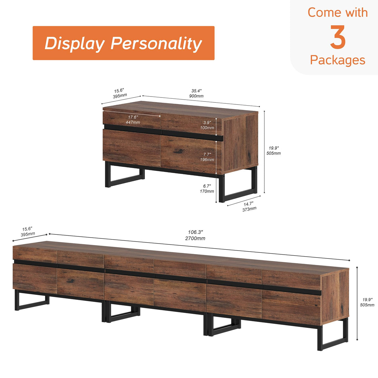 WAMPAT 3 in 1 Modern TV Stand for TVs up to 110 inch, Wood Entertainment Center TV Console with Storage Cabinets and Metal Base, Media Console for Living Room,Brown WAMPAT