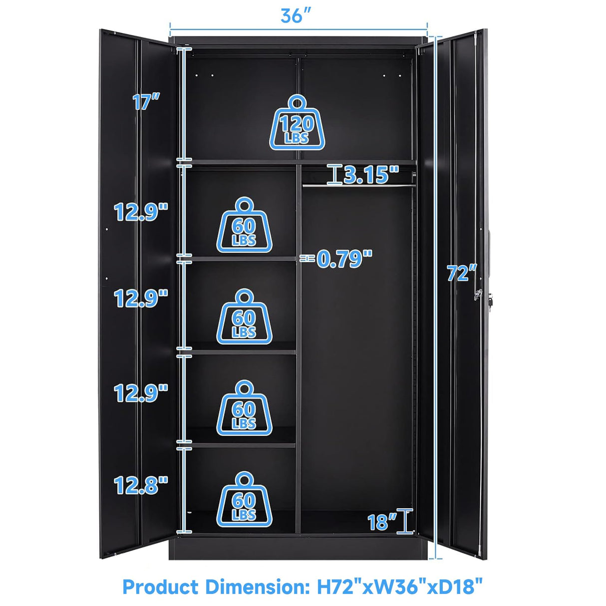 STANI Metal Storage Cabinet, 72" Locking Metal Storage Cabinet with Shelves and Hanging Rod, Metal Cabinet with 2 Doors and Lock for Home, Garage, Office (Black) STANI