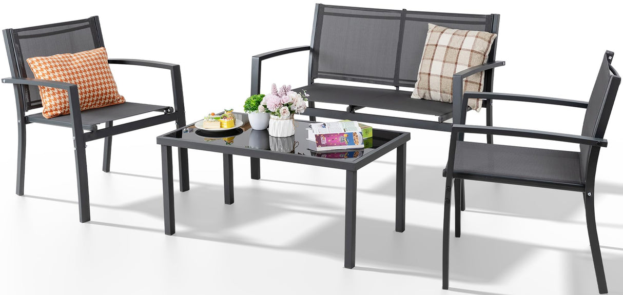 Shintenchi 4 Pieces Patio Furniture Set All Weather Textile Fabric Outdoor Conversation Set, with Glass Coffee Table, Loveseat, 2 Single Chairs for Home, Garden, Lawn, Porch（Gray） Shintenchi