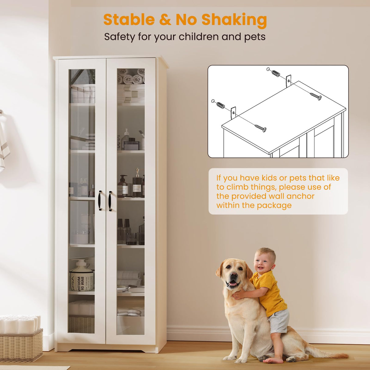 Teekyooly 70" Tall Display Cabinet Storage, Pantry Cabinet with 2 Doors and 6 Adjustable Shelves, Standing Utility Cabinet for Dining Room, Food Storage and Kitchen, Clear and White Teekyooly
