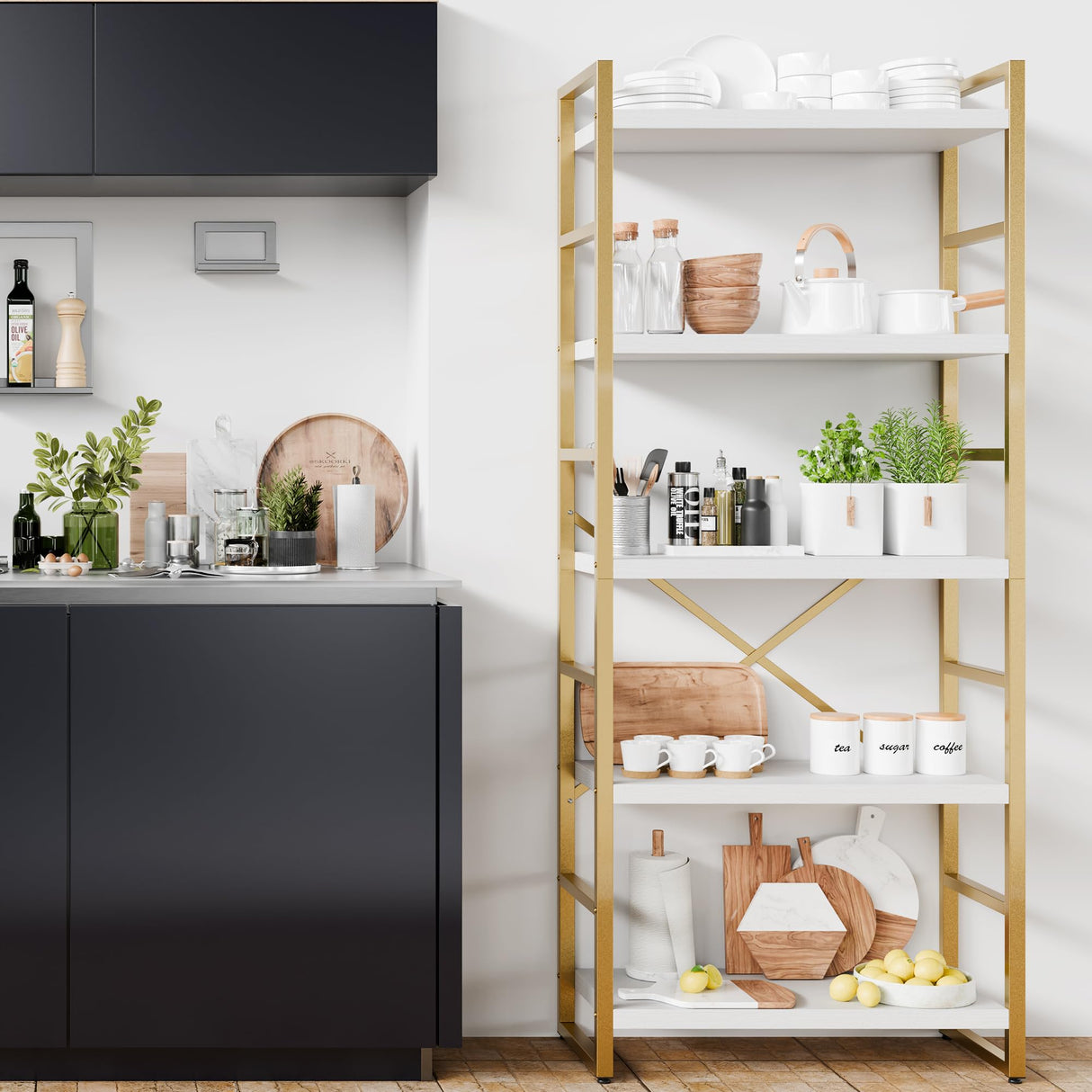 Shintenchi 5-Tier Industrial Gold Bookshelf – Modern Multi-Functional Bookcase for Home & Office Shintenchi