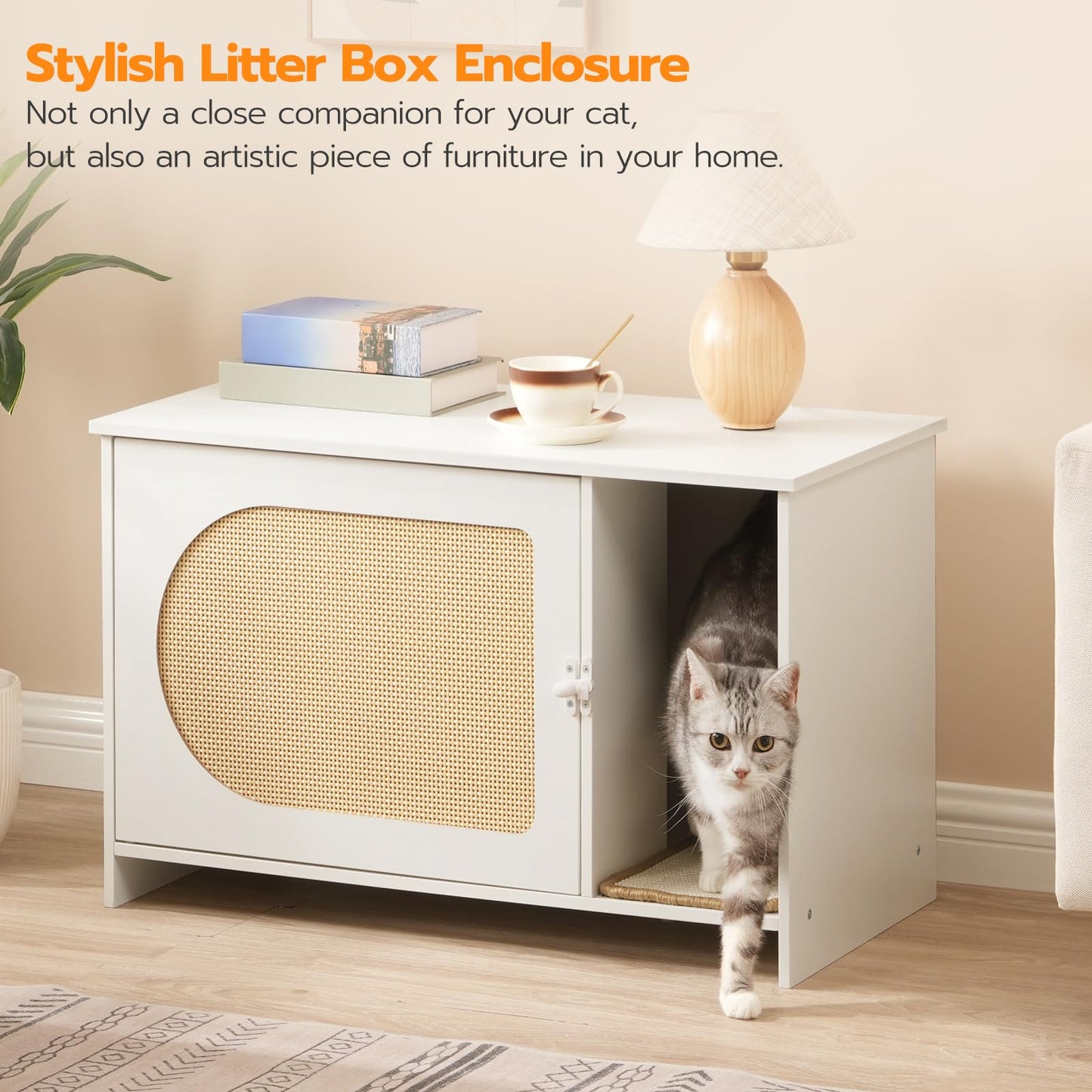 HOOBRO Cat Litter Box Enclosure with Rattan Door, Hidden Litter Box Furniture, Large Litter Box Enclosure with Adhesive Cat Scratching Mat, Coffee Table, 31.4" L x 17.7" W x 18.1" H, White WY18MW01