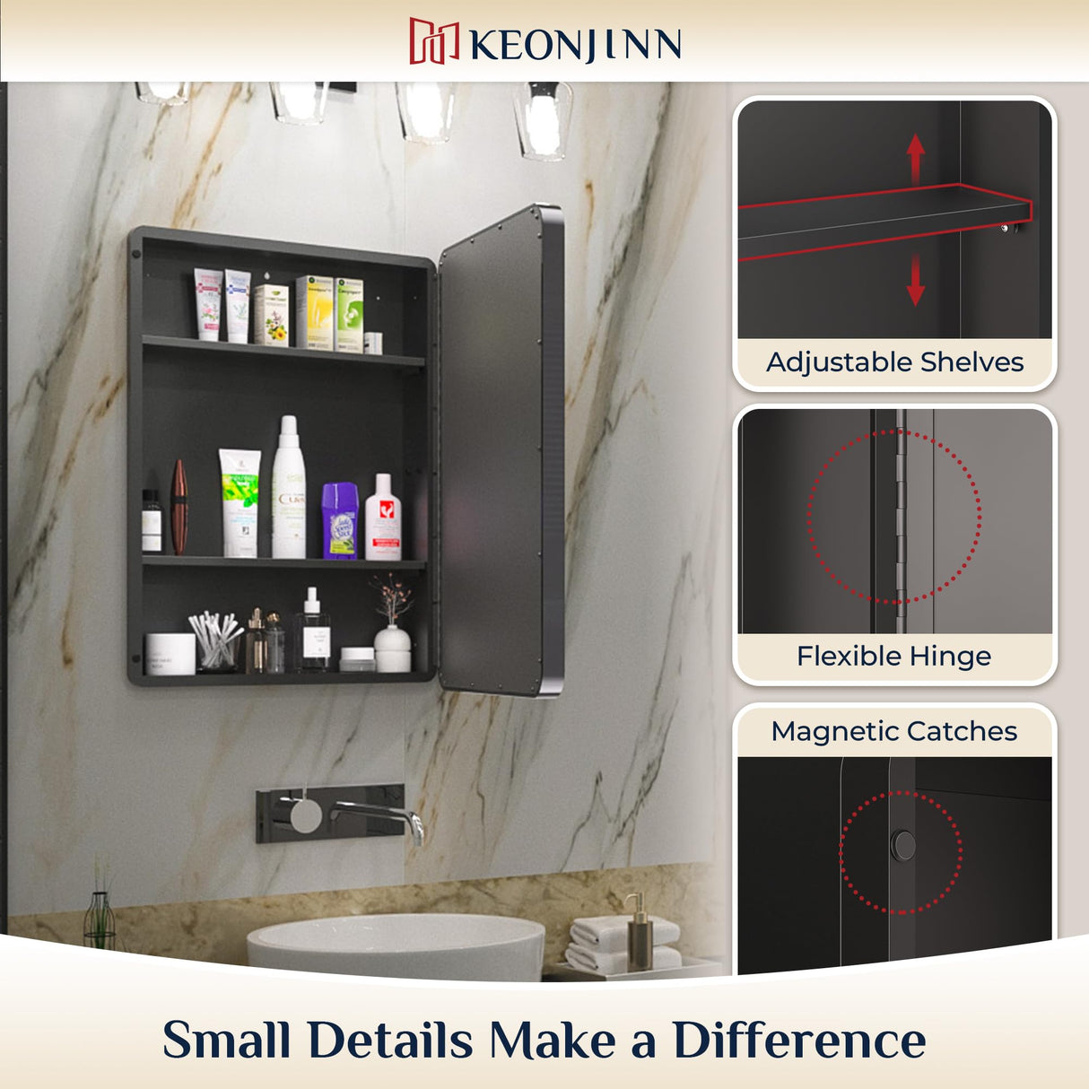 Keonjinn Black Medicine Cabinet 17 x 25 Inch, Heavy & Solid Bathroom Medicine Cabinet with Mirror, Stainless Steel Framed, Adjustable Shelves, Recessed or Wall Mount, Bathroom Mirror with Storage Keonjinn