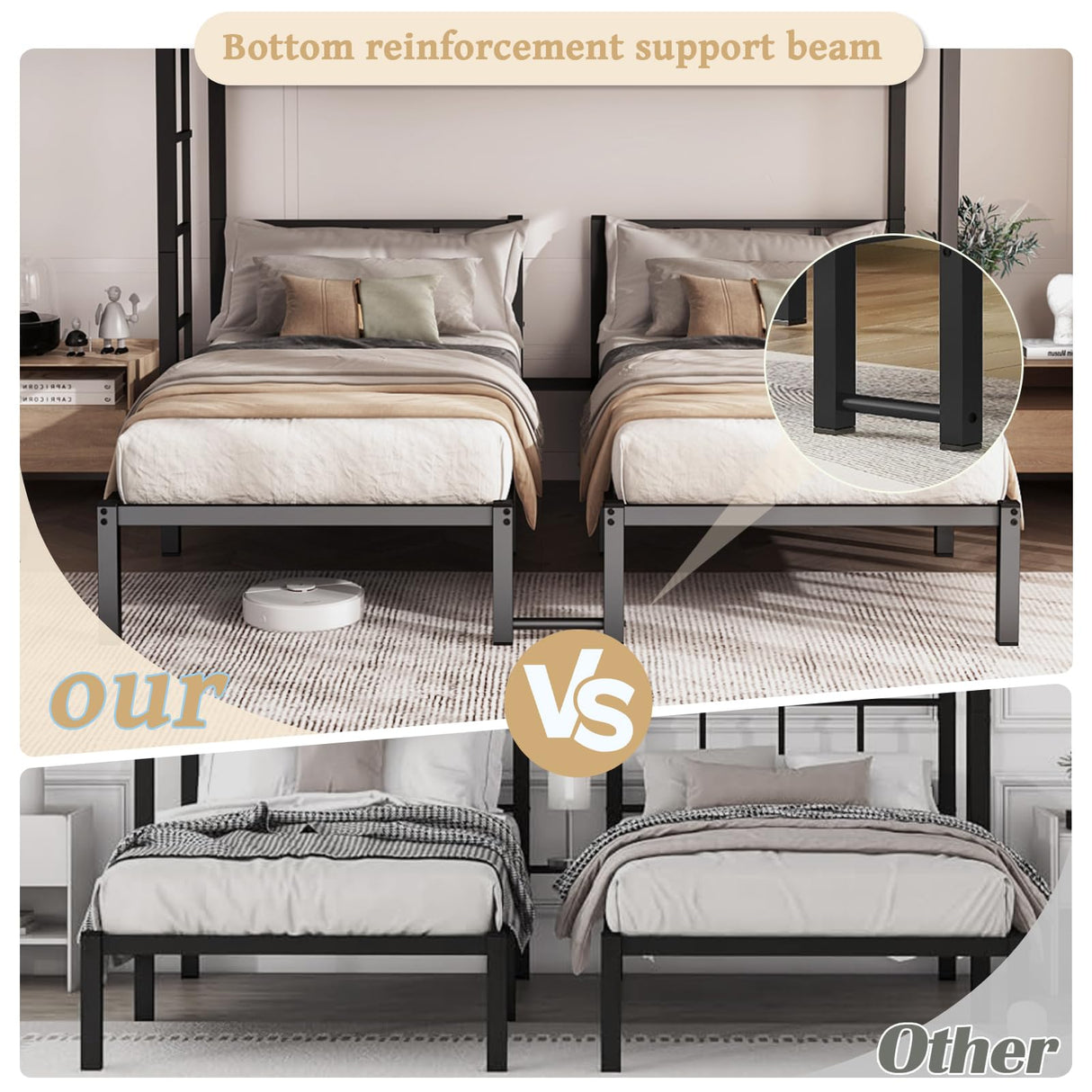 HKOLIE Heavy Duty Triple Bunk Bed for 3, Twin Over Twin Over Twins with Guardrails and Ladder, Metal Bunk Bed, 3 Bed Teens and Adults, No Box Spring Needed (Black) HKOLIE