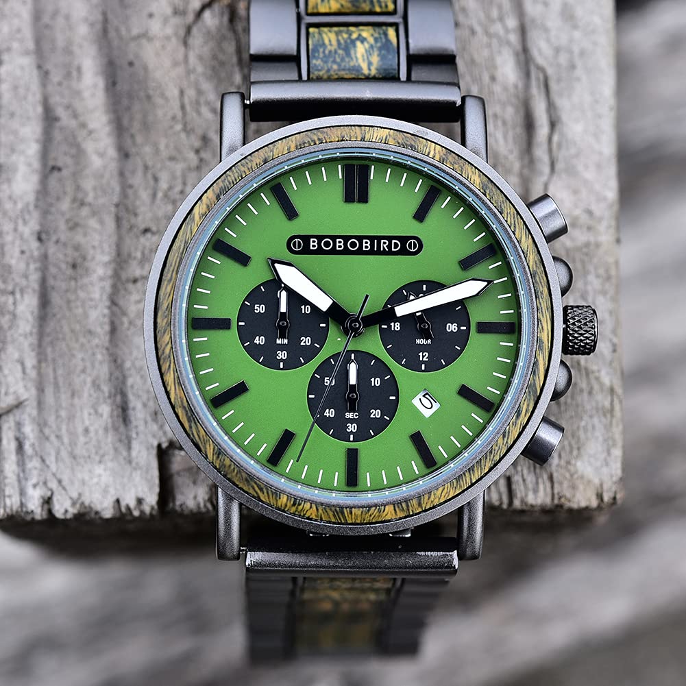 2win Engraved Wooden Watch Stylish Green Dial Design Personalized Wood Watches for Men Husband Boyfriend Fiancé Dad Customized Anniversary Birthday Watch (Custom Box Photo) 2win