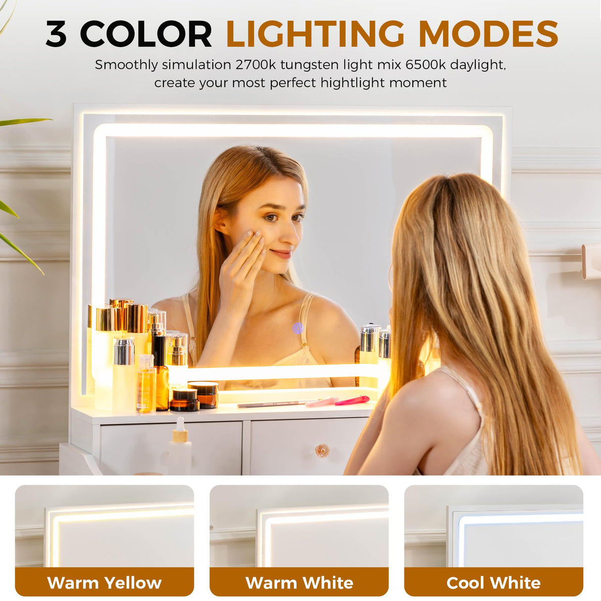 COMHOMA Makeup Vanity Desk with Mirror and Lights, Vanity Table and Chair Set with 5 Drawers and Charging Station, Bedroom Dresser LED Mirror Stepless Dimmable & 3 Color Modes Adjustable, White COMHOMA