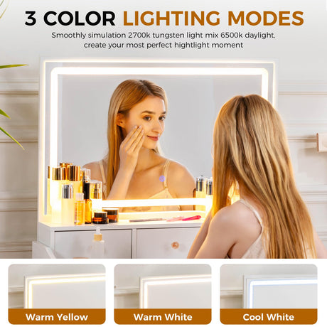 COMHOMA Makeup Vanity Desk with Mirror and Lights, Vanity Table and Chair Set with 5 Drawers and Charging Station, Bedroom Dresser LED Mirror Stepless Dimmable & 3 Color Modes Adjustable, White COMHOMA