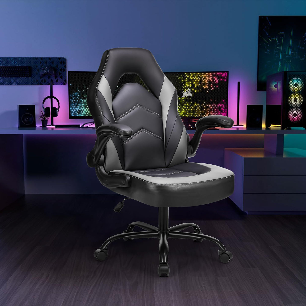 DUMOS Computer Game Desk Chair - Ergonomic PU Leather Lumbar Support, Height Adjustable High Back Video Game with Flip-up Armrest, Rolling Swivel for Adults, Grey DUMOS